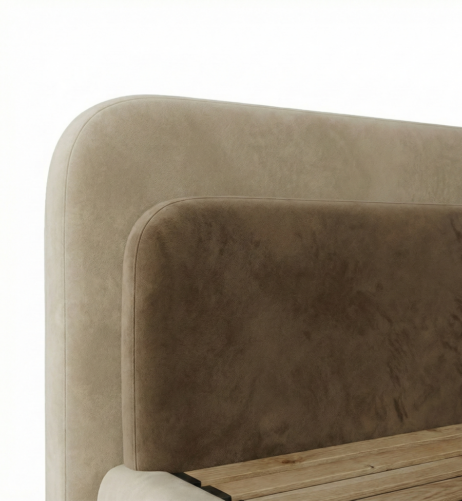 Lavis Velvet Upholstered Queen Size Bed In Camel Beige Colour With Box Storage - Febonic Living