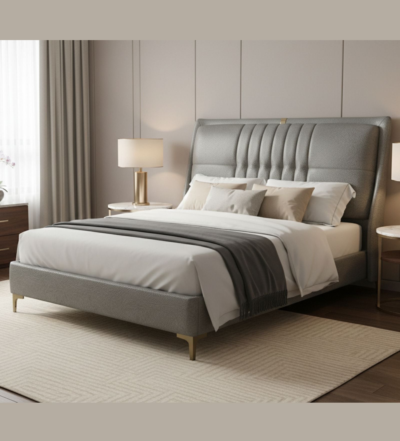 Mosila Upholstered Leatherette Queen Size Bed - Steel Grey (Hydraulic Storage)