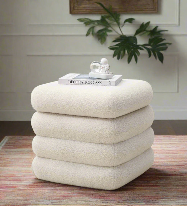 Lina Boucle Fabric Ottoman - Bright White