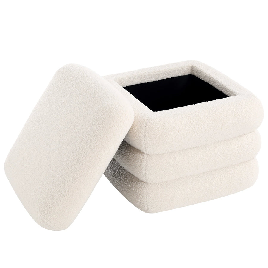 Lina Boucle Fabric Ottoman In Bright White Colour With Storage - Febonic Living