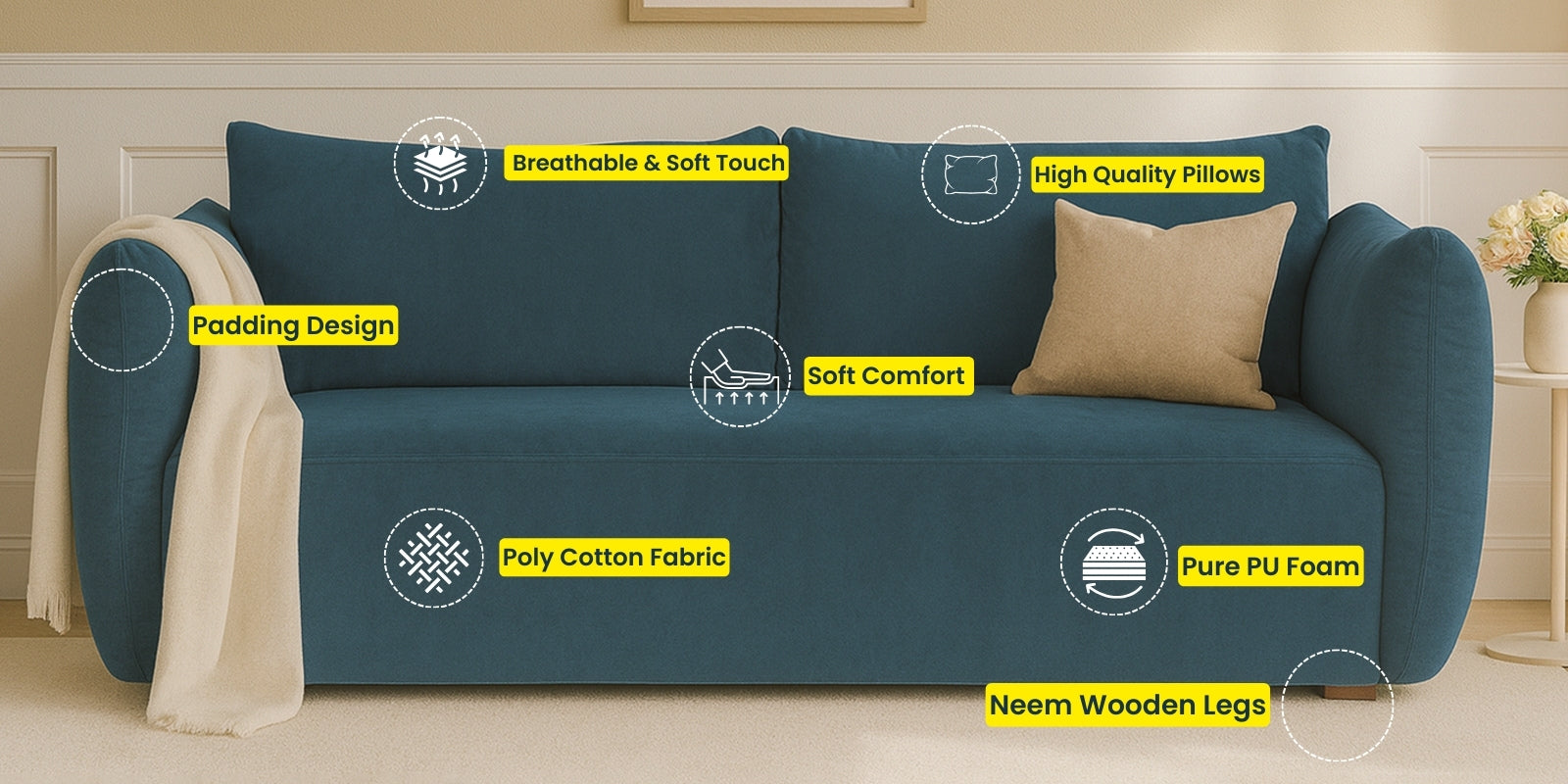 Lisa Fabric 3 Seater Sofa in Cotton Beigen Colour