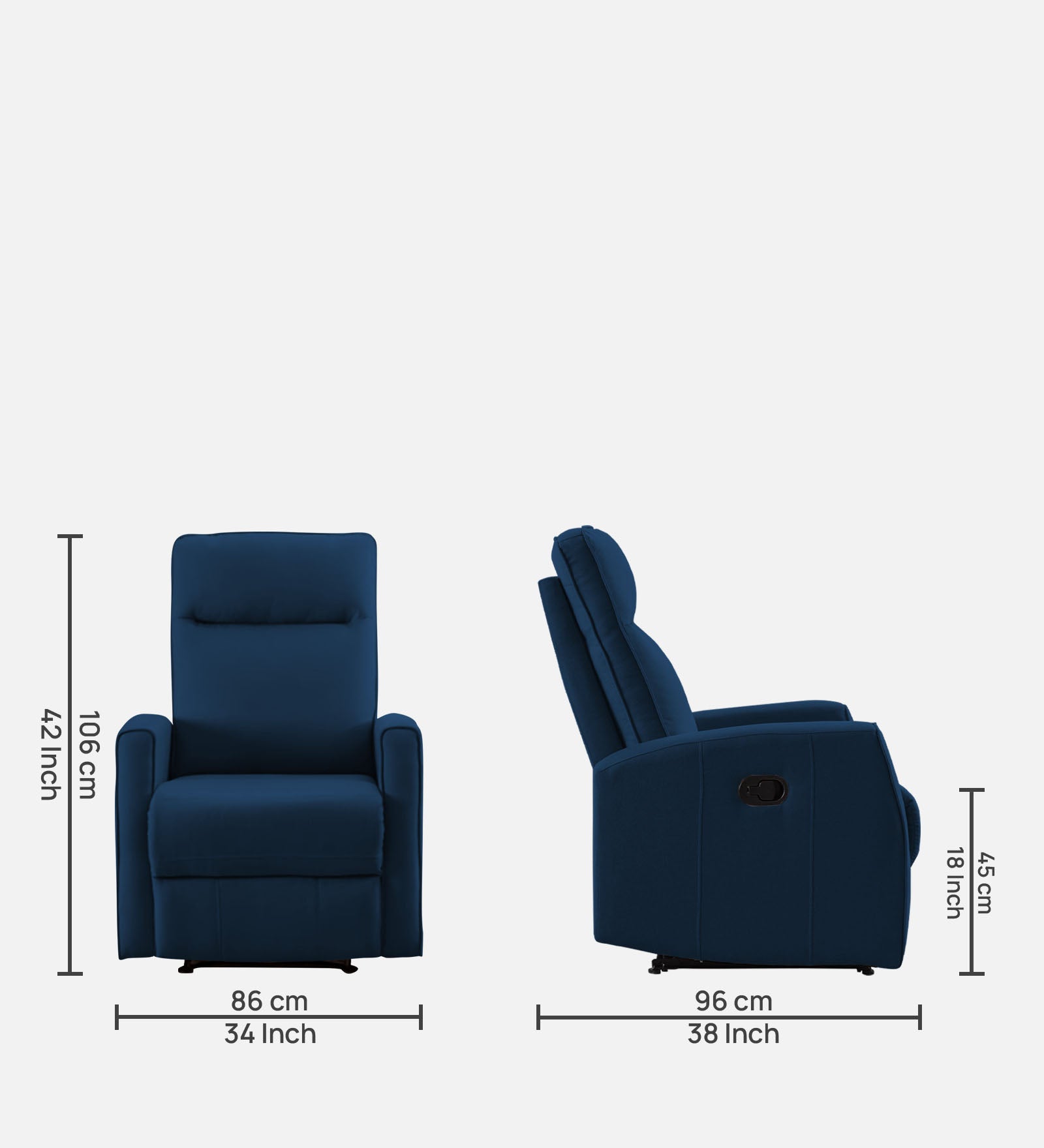 Logan 1 Seater Motorized Fabric Recliner - Denim Blue - Dimensions by Febonic Living
