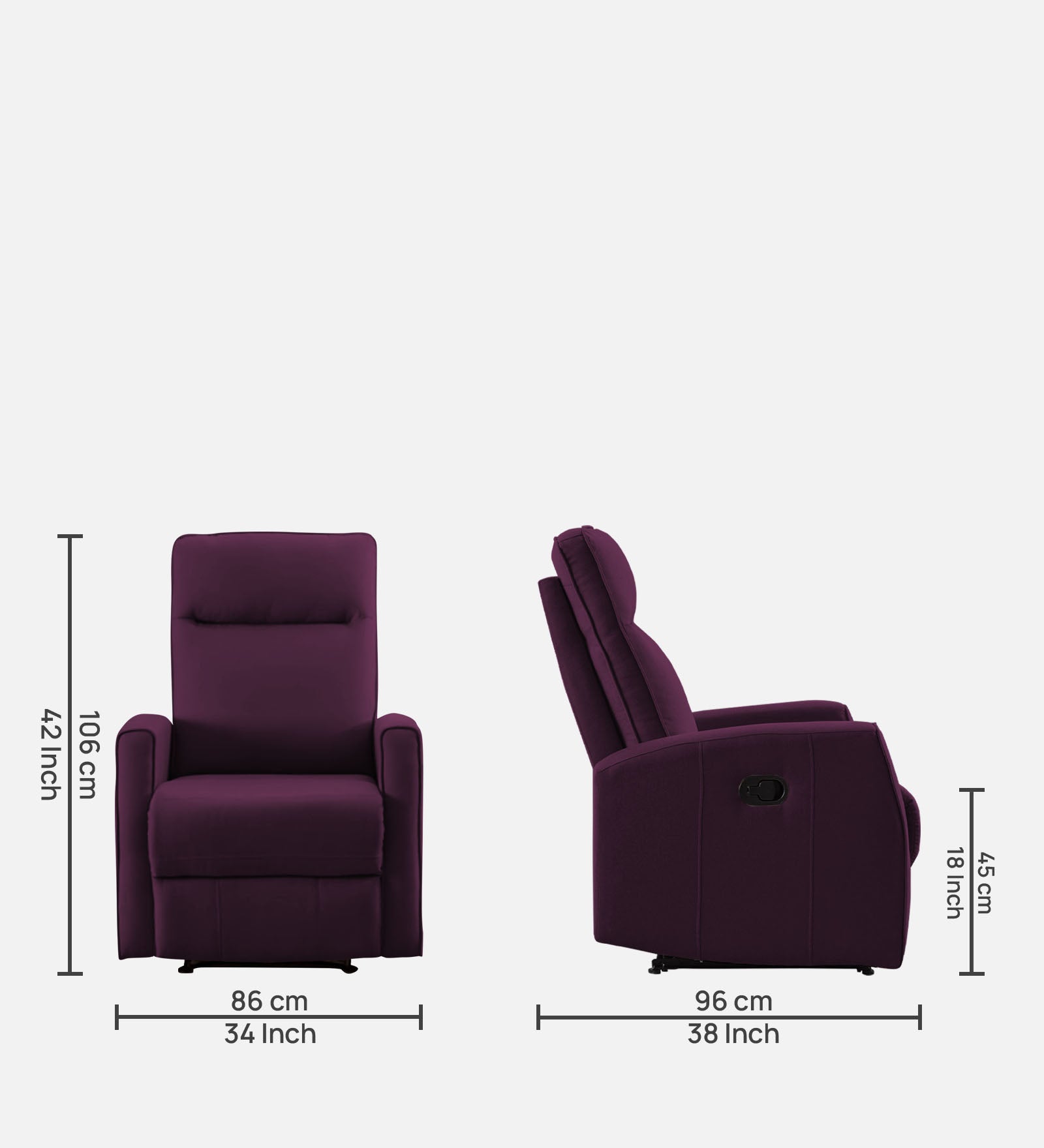 Logan 1 Seater Motorized Fabric Recliner - Greek Purple - Dimensions by Febonic Living