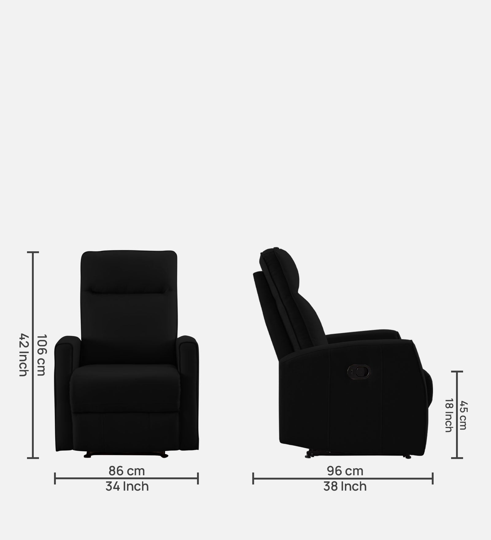 Logan 1 Seater Motorized Fabric Recliner - Zed Black - Dimensions by Febonic Living