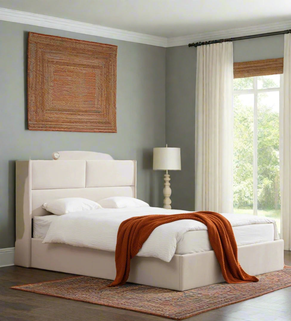 Lohas Velvet Upholstered Queen Size Bed In Warm White Colour With Hydraulic And Headboard Storage