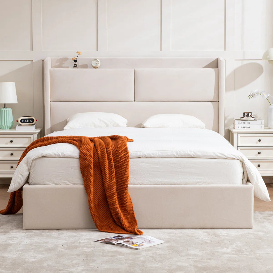 Lohas Velvet Upholstered Queen Size Bed In Warm White Colour With Hydraulic And Headboard Storage - Febonic Living