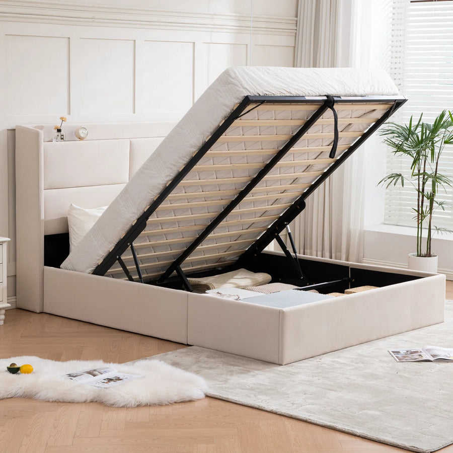 Lohas Velvet Upholstered Queen Size Bed In Warm White Colour With Hydraulic And Headboard Storage - Febonic Living