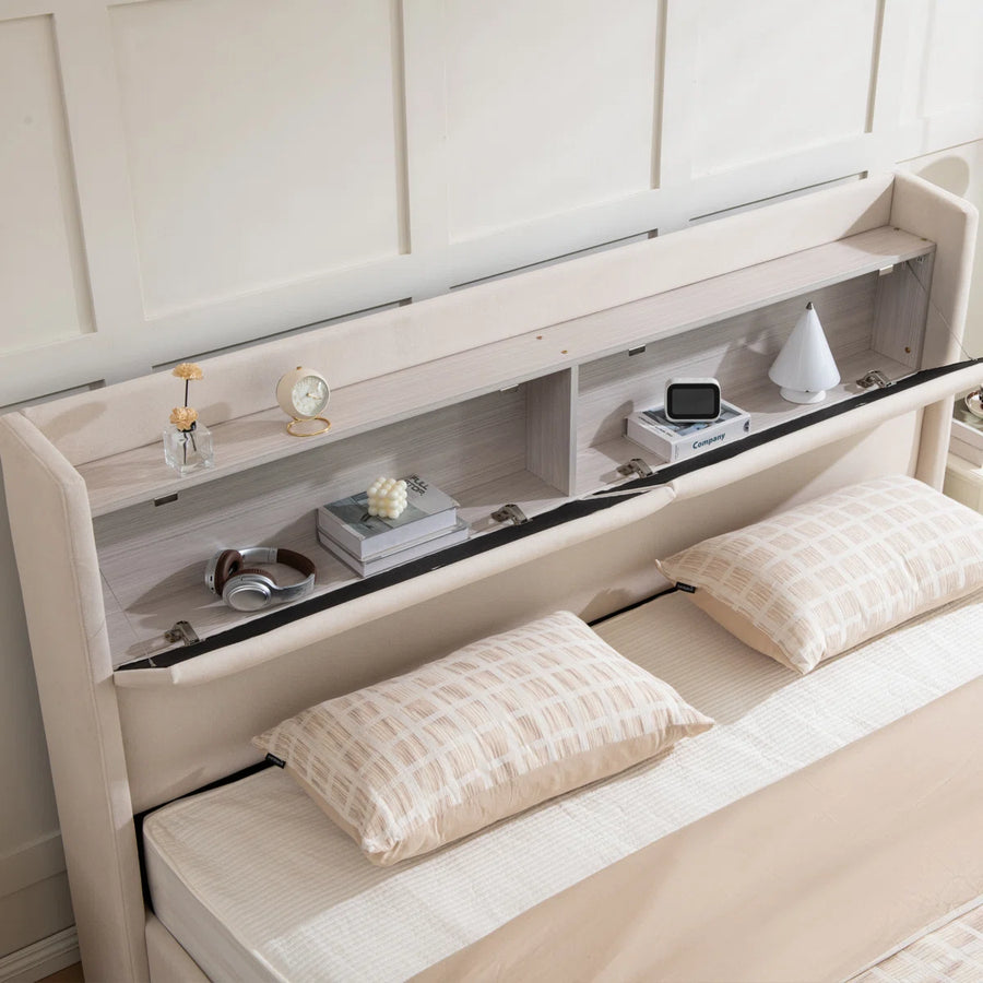 Lohas Velvet Upholstered Queen Size Bed In Warm White Colour With Hydraulic And Headboard Storage - Febonic Living