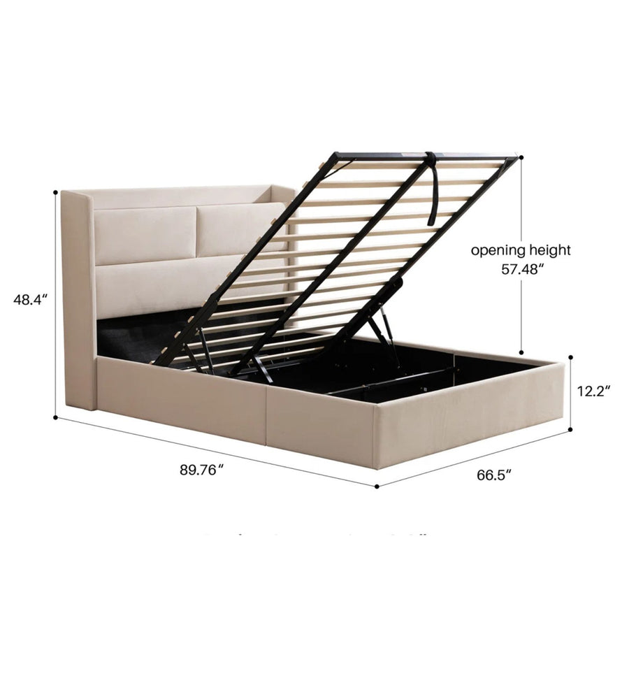 Lohas Velvet Upholstered Queen Size Bed In Warm White Colour With Hydraulic And Headboard Storage - Febonic Living