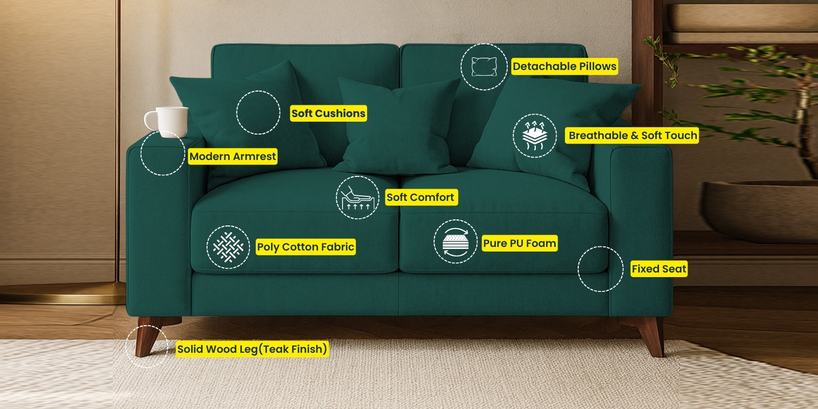 Luca Fabric 2 Seater Sofa In Stone Grey Colour