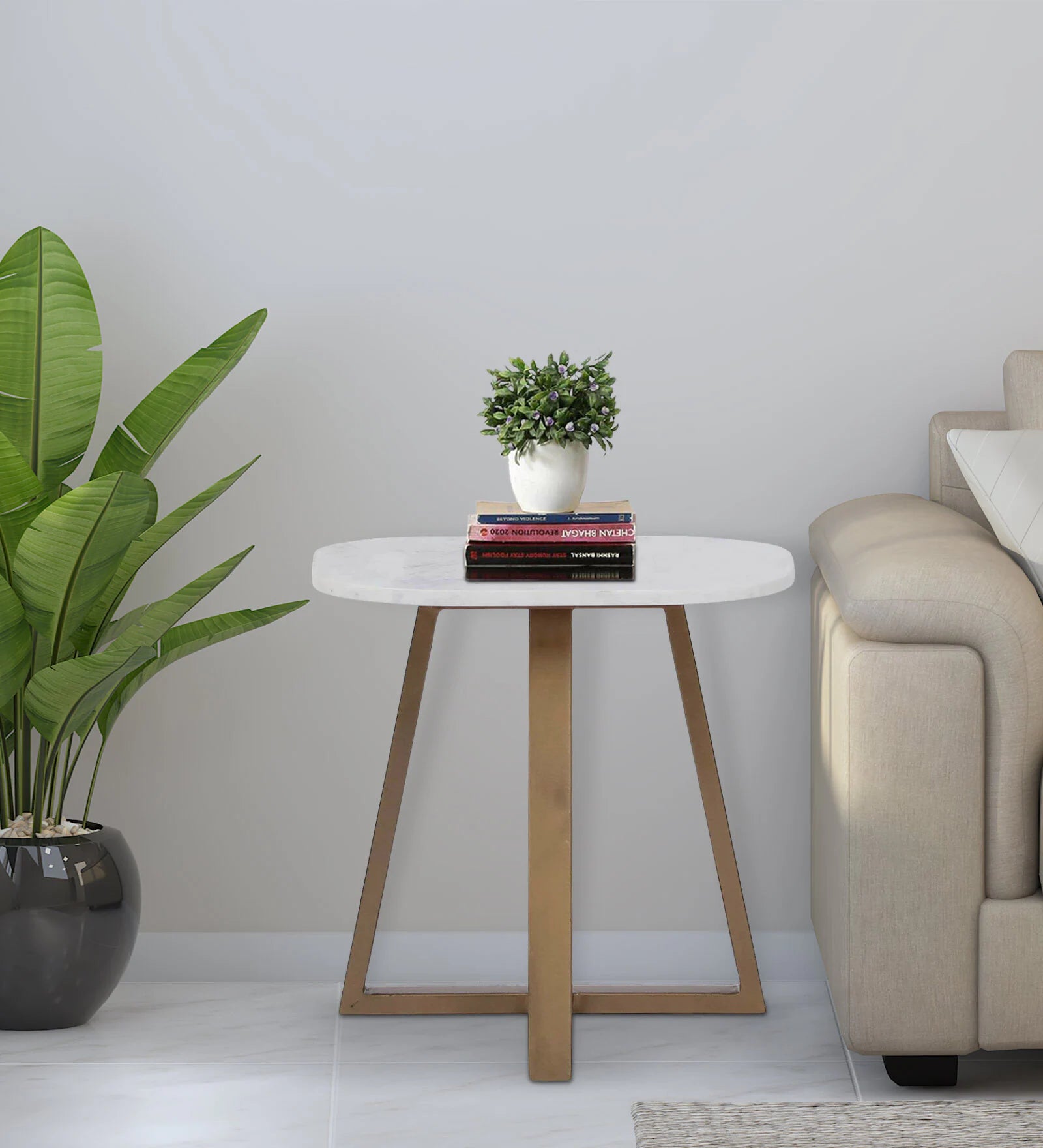 Tampa Metal End Table In Brass Finish With Marble Top - Febonic Living