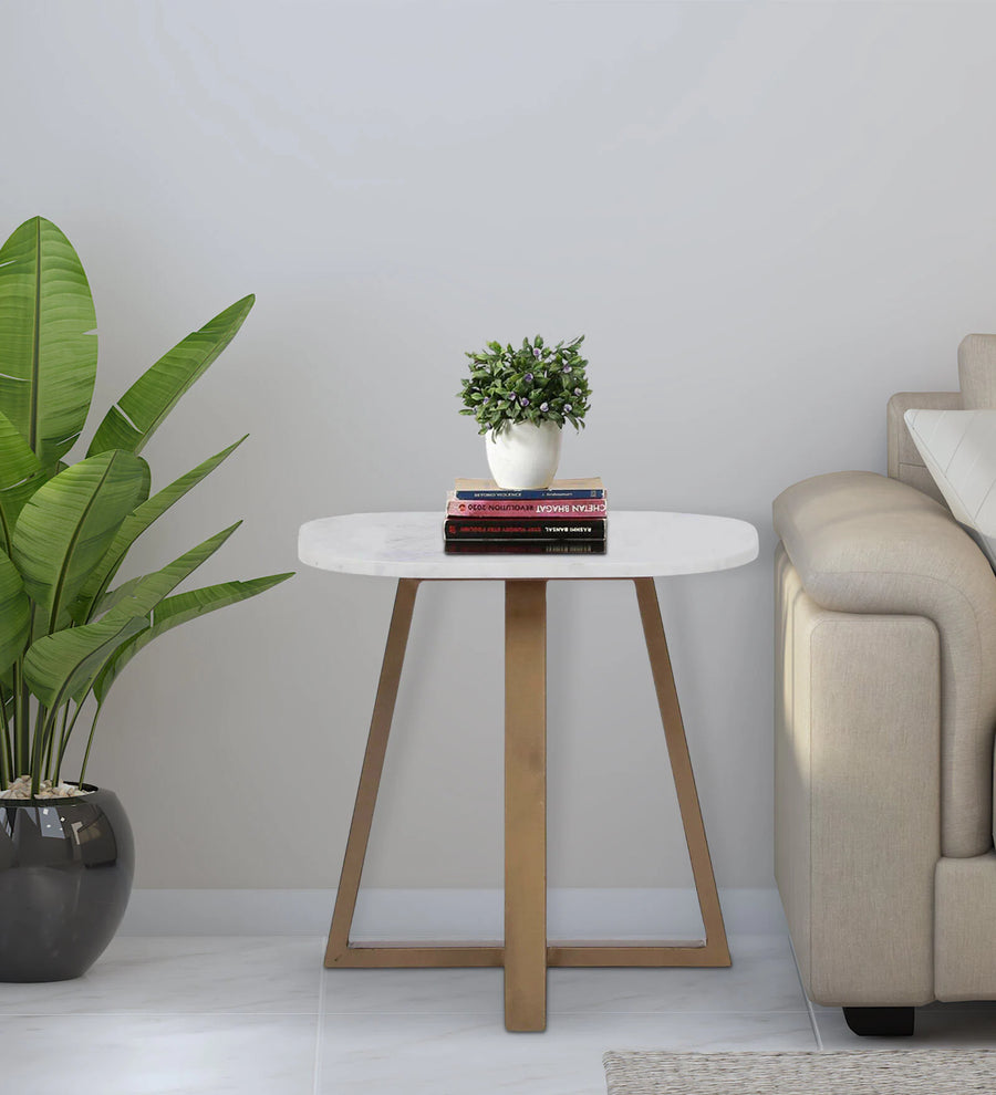Tampa Metal End Table In Brass Finish With Marble Top - Febonic Living