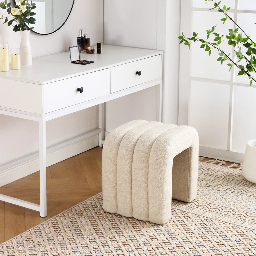 Lunar Boucle Fabric Pouffe In Shell White Colour - Febonic Living