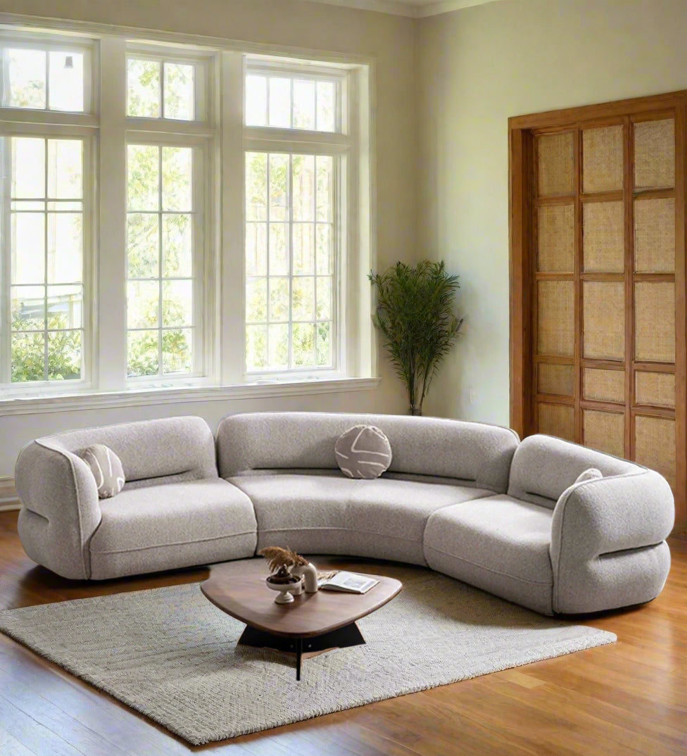 Madox Boucle Fabric 4 Seater Curved Sofa In Macy Grey Colour