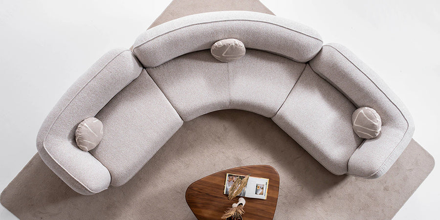 Madox Boucle Fabric 4 Seater Curved Sofa In Macy Grey Colour - Febonic Living