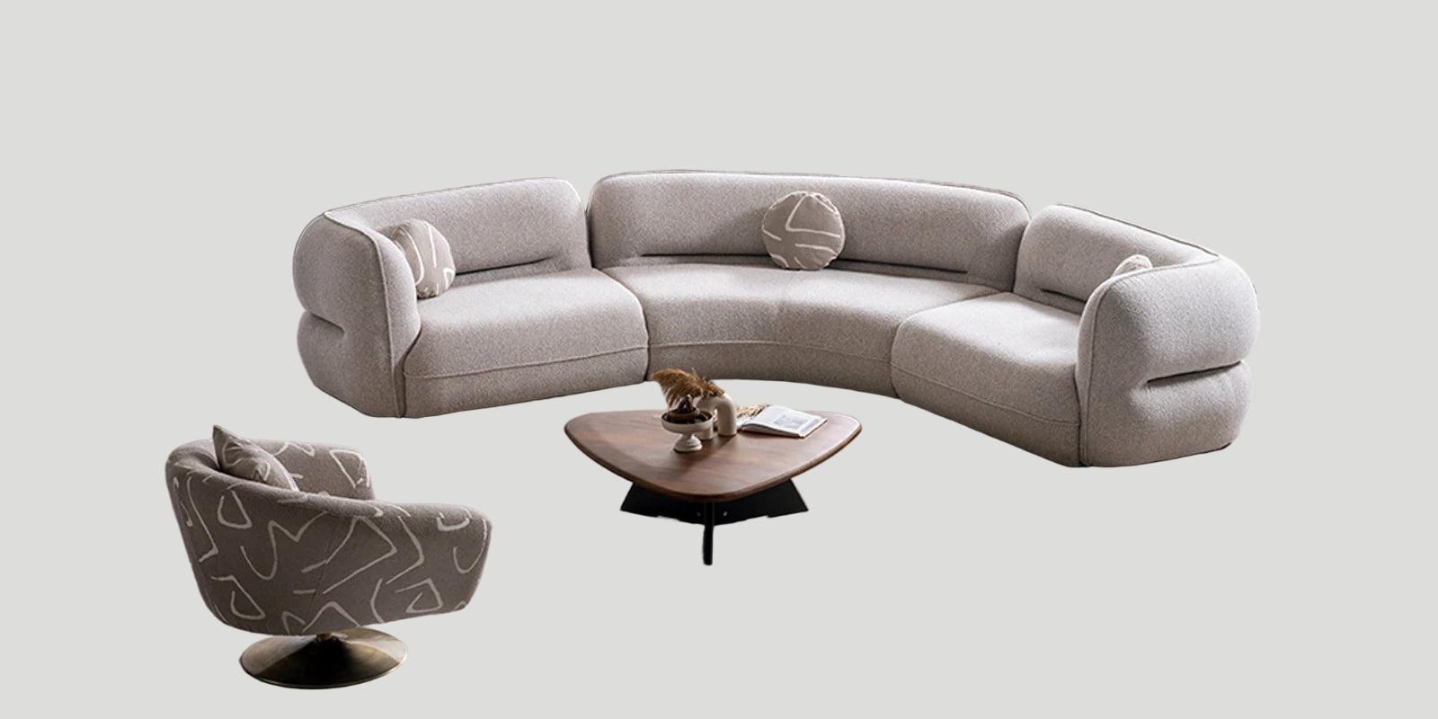 Madox Boucle Fabric 4 Seater Curved Sofa In Macy Grey Colour