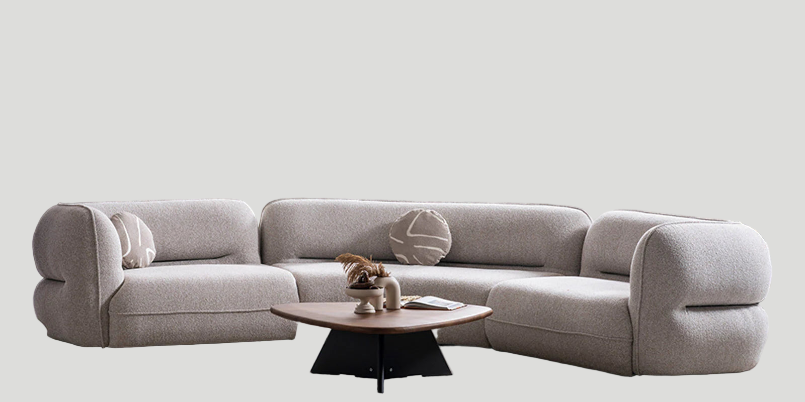 Madox Boucle Fabric 4 Seater Curved Sofa In Macy Grey Colour