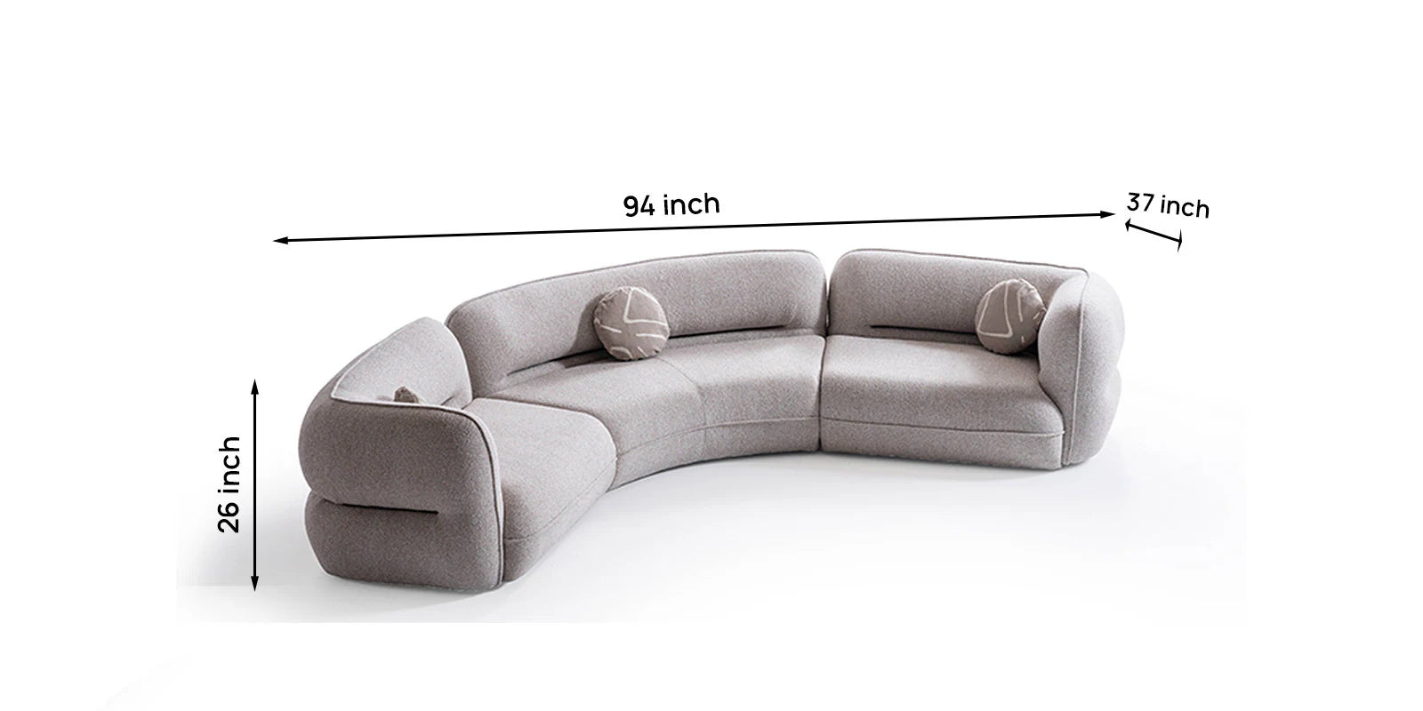 Madox Boucle Fabric 4 Seater Curved Sofa In Macy Grey Colour
