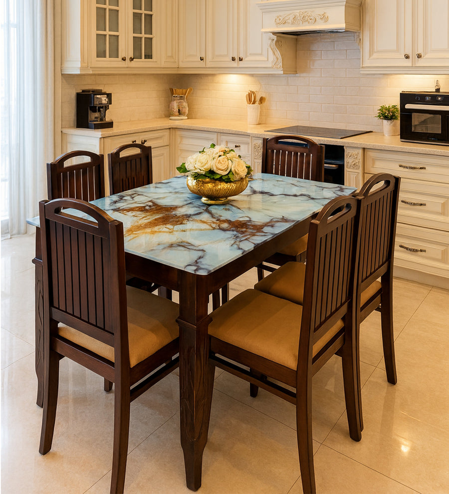 Makona Sheesham Wood 6 Seater Dining Set in Dark Oak Colour With Marble Top