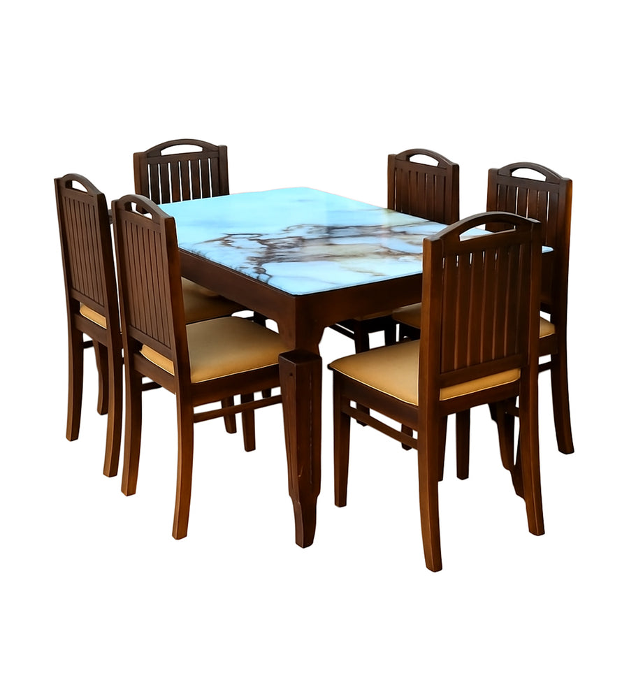 Makona Sheesham Wood 6 Seater Dining Set in Dark Oak Colour With Marble Top