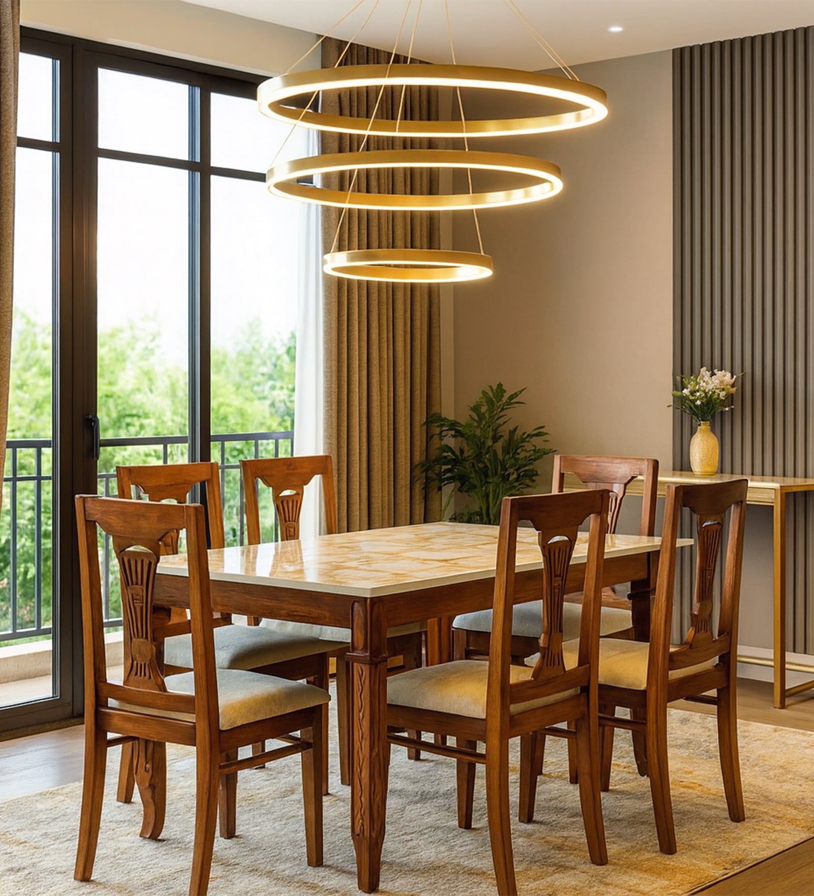 Manara Sheesham Wood 6 Seater Dining Set in Oak Colour With Marble Top