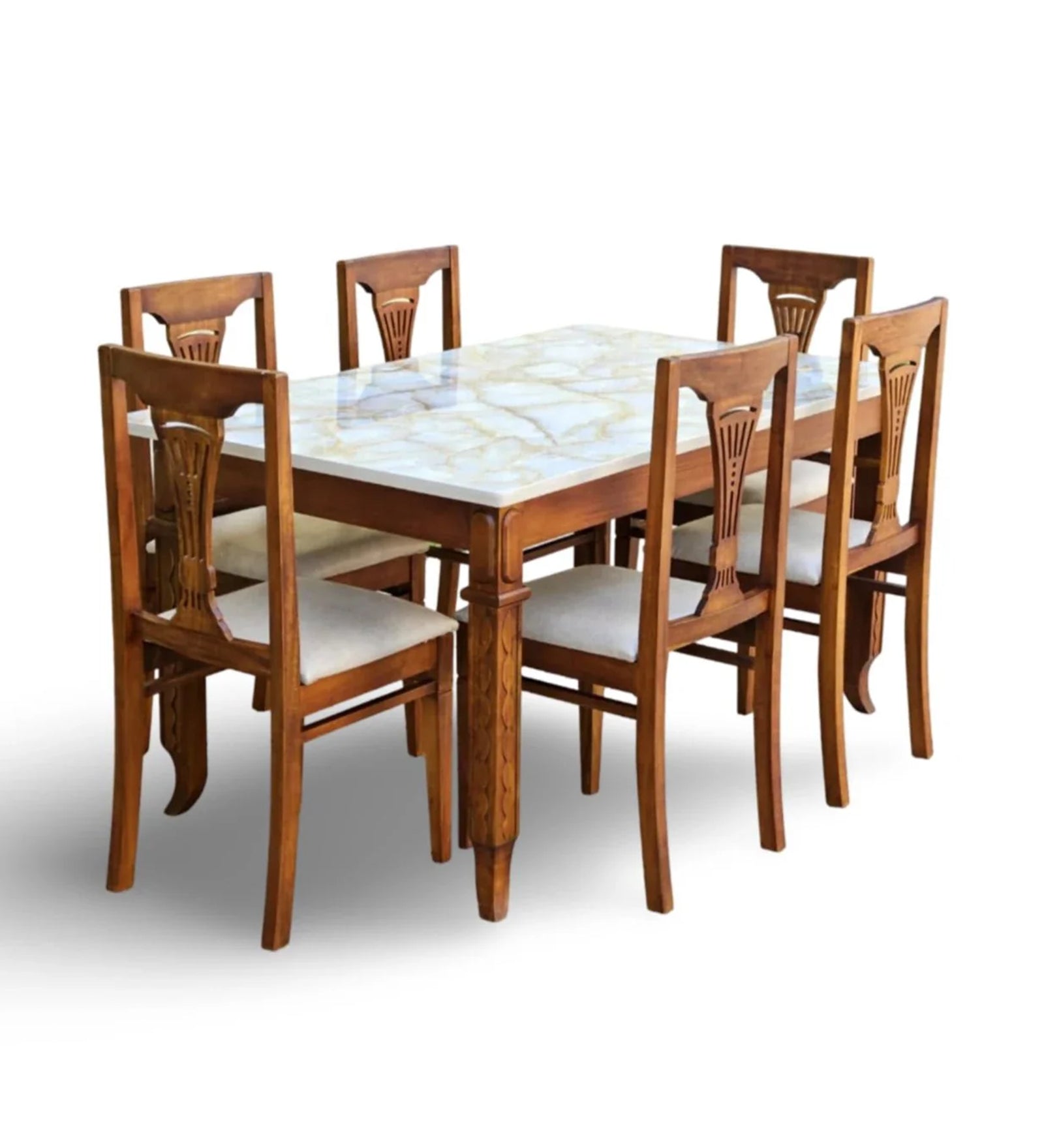 Manara Sheesham Wood 6 Seater Dining Set in Oak Colour With Marble Top