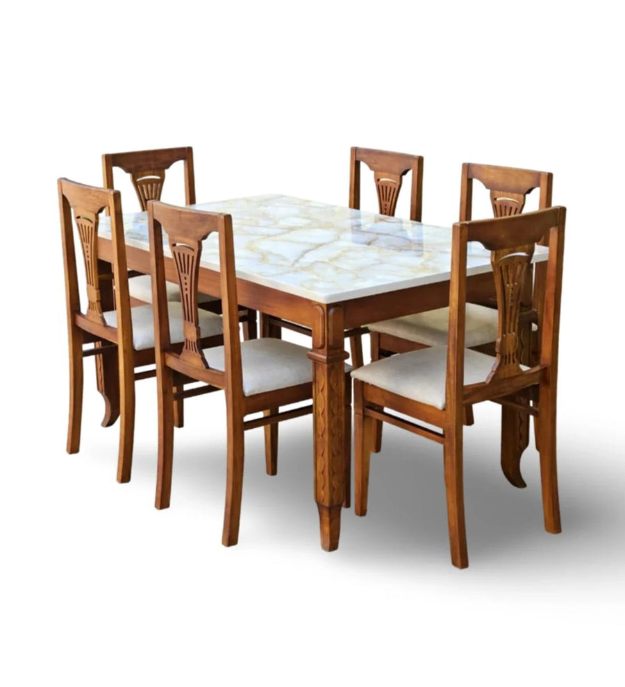 Manara Sheesham Wood 6 Seater Dining Set in Oak Colour With Marble Top