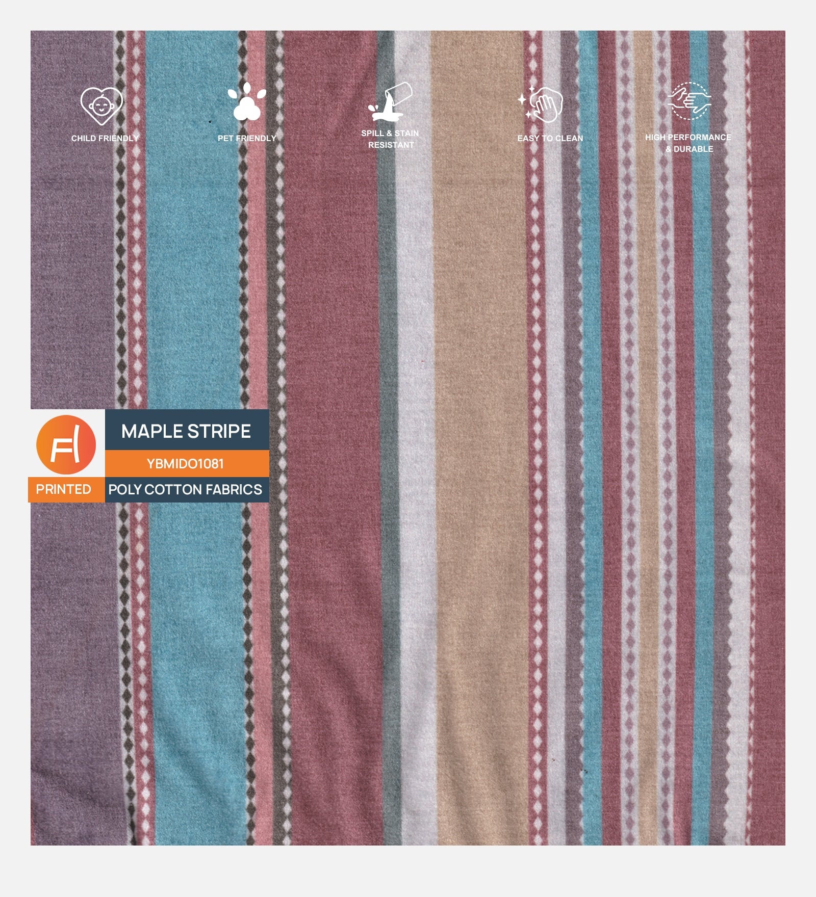 Maple Stripe Printed Pattern in Poly Cotton Fabric