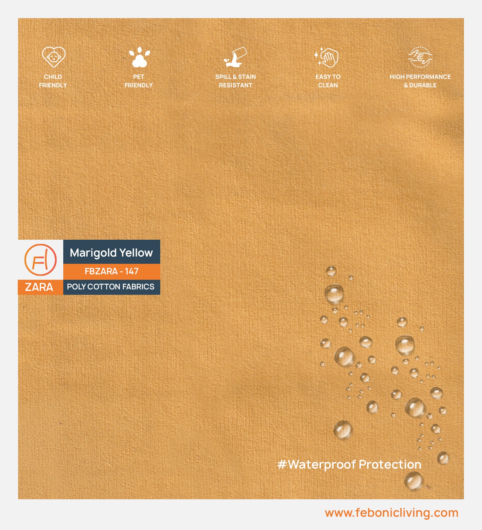 Velvet Zara Water Proof Fabric Marigold Yellow 147 Code - Febonic Living