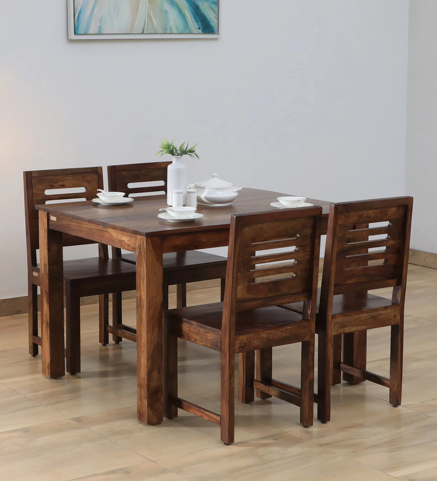 Ticky Sheesham Wood 4 Seater Dining Set In Scratch Resistant Provincial Teak Finish - Febonic Living