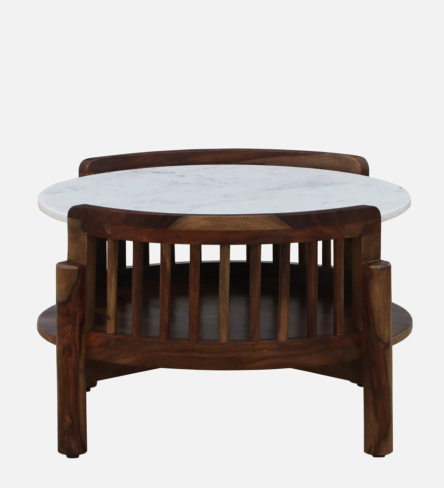 Drama Sheesham Wood Round Coffee Table In Provincial Teak Finish With Marble Top - Febonic Living