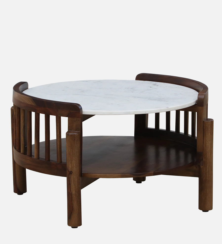 Drama Sheesham Wood Round Coffee Table In Provincial Teak Finish With Marble Top - Febonic Living
