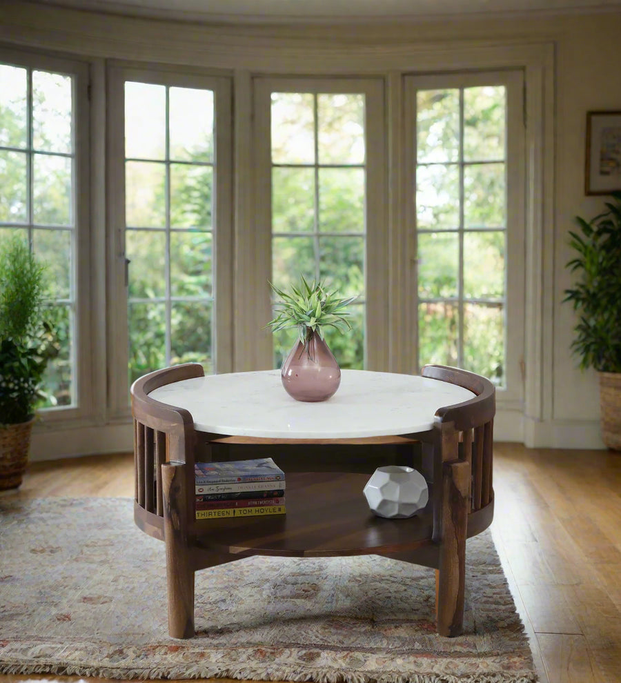 Drama Sheesham Wood Round Coffee Table In Provincial Teak Finish With Marble Top - Febonic Living