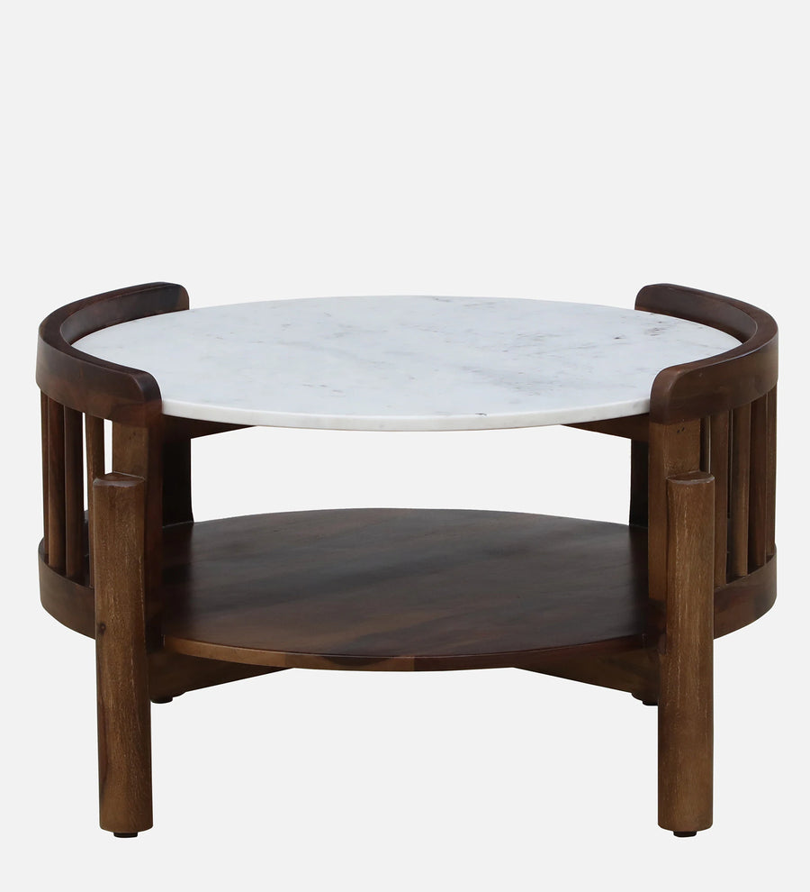 Drama Sheesham Wood Round Coffee Table In Provincial Teak Finish With Marble Top - Febonic Living