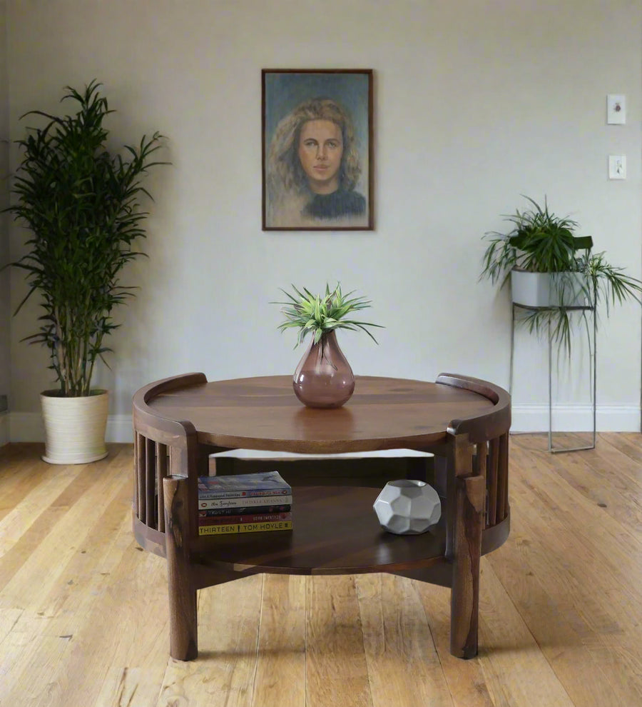 Drama Sheesham Wood Round Coffee Table In Provincial Teak Finish - Febonic Living