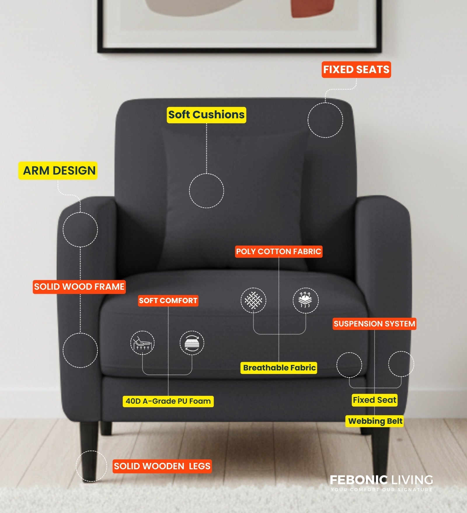 Marq Fabric 1 Seater Sofa In Lit Grey Colour