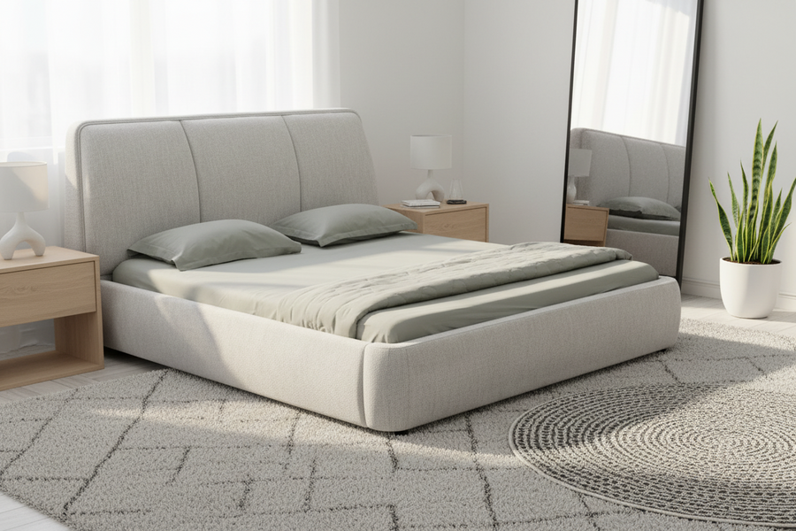 Marsa Fabric Upholstered King Size Bed In Lit Grey Colour - Febonic Living