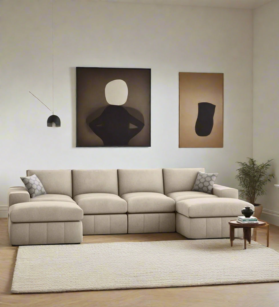 Marvel  6 Seater Modular  With Reversible Ottomans Fabric Sectional Sofa - Cork Brown by Febonic Living