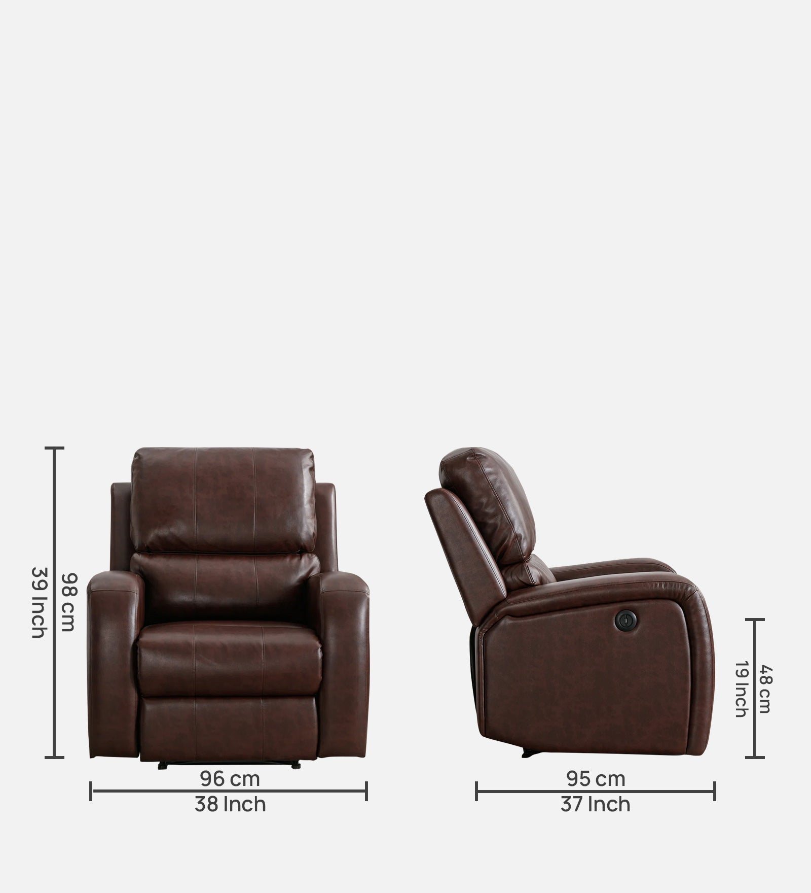 Mason 1 Seater Motorized Leatherette Recliner - Dark Brown - Dimensions by Febonic Living