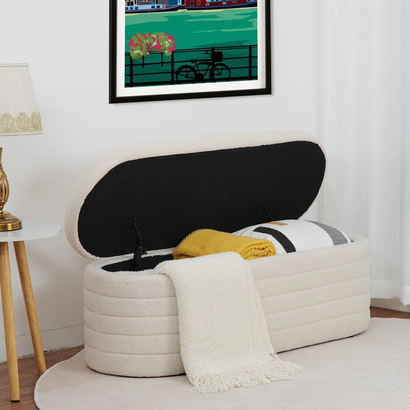 Grandy Boucle Fabric Ottoman In Bright White Colour With Storage - Febonic Living