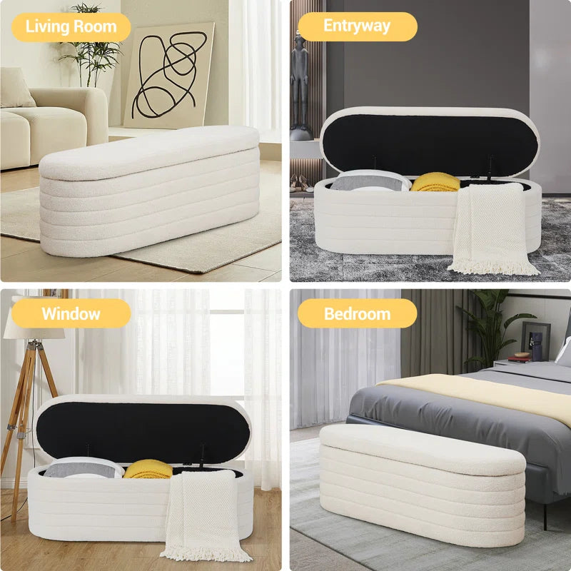 Grandy Boucle Fabric Ottoman In Bright White Colour With Storage - Febonic Living