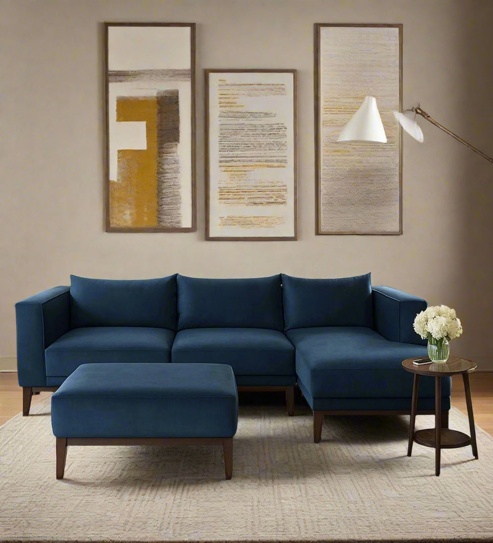 Mavrick Velvet LHS Sectional Sofa (2+Lounger) In Imperial Blue Colour With Ottoman