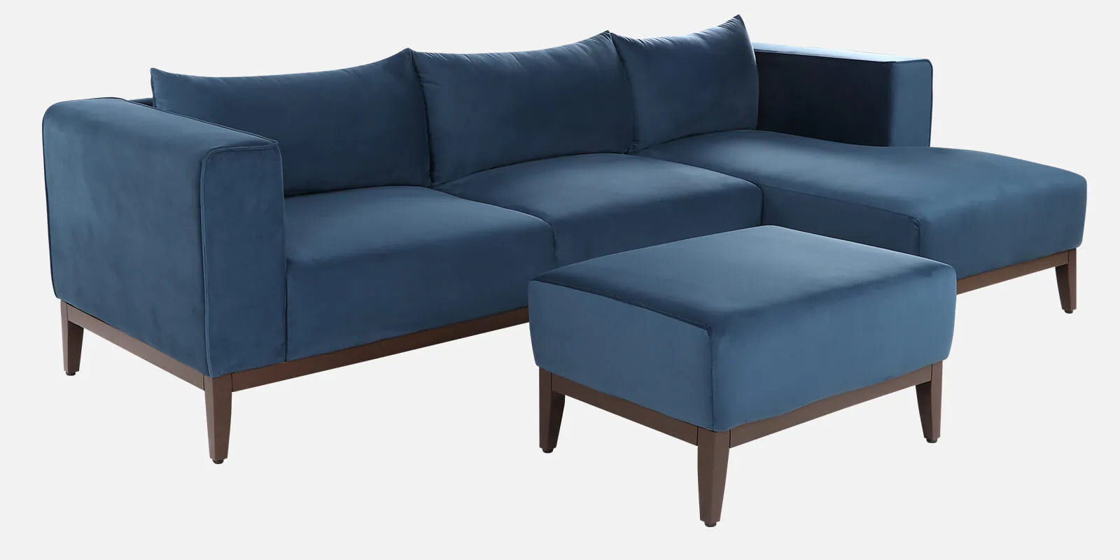 Mavrick Velvet LHS Sectional Sofa (2+Lounger) In Imperial Blue Colour With Ottoman
