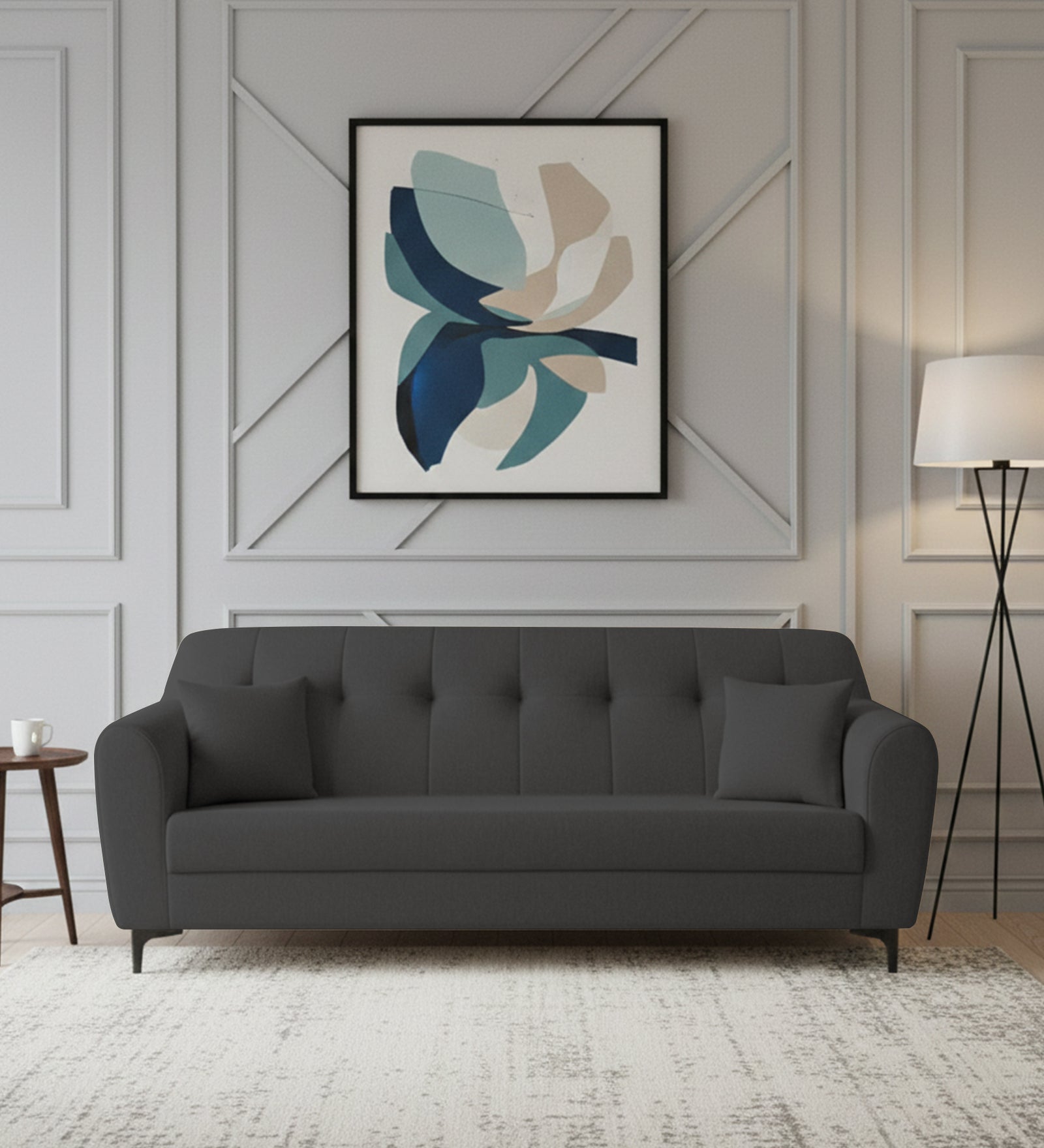 Melaan Fabric 3 Seater Sofa In Charcoal Grey Colour