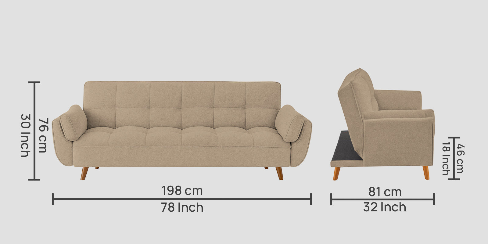 Melano Fabric 3 Seater Convertible Sofa Cum Bed In Olive Beige Colour