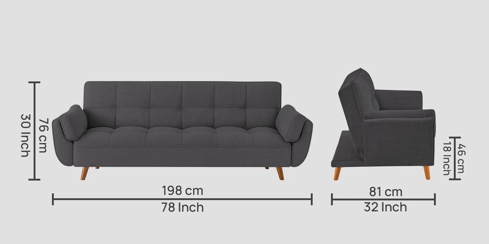 Melano Fabric 3 Seater Convertible Sofa Cum Bed In Sudo Grey Colour