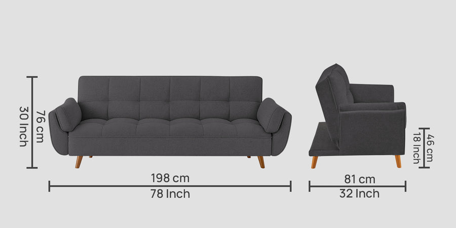 Melano Fabric 3 Seater Convertible Sofa Cum Bed In Sudo Grey Colour - Febonic Living