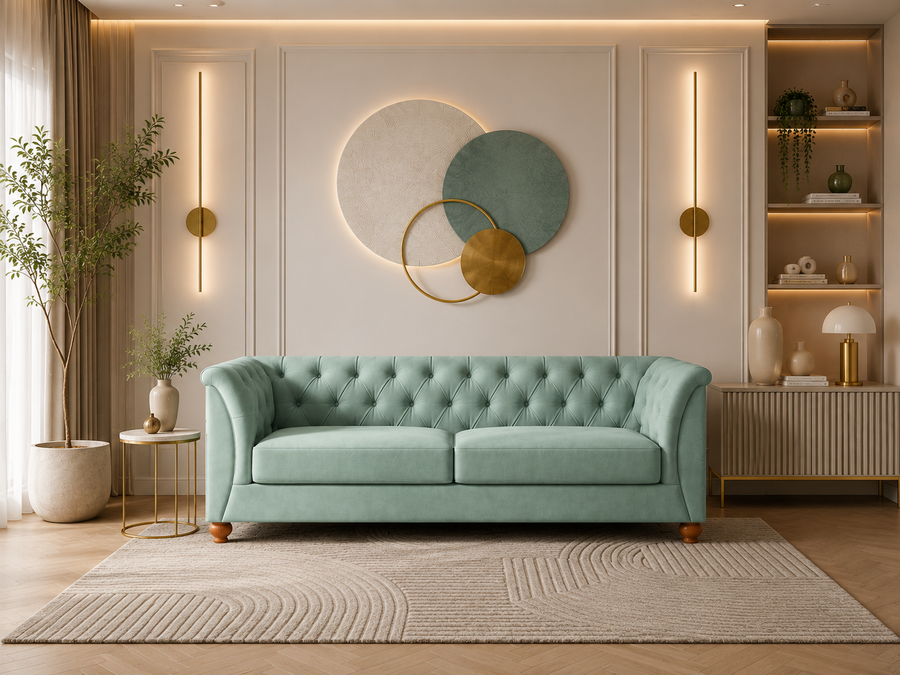 Mint Chesterfield 3 Seater Fabric Sofa – Mint Green - Living View by Febonic Living