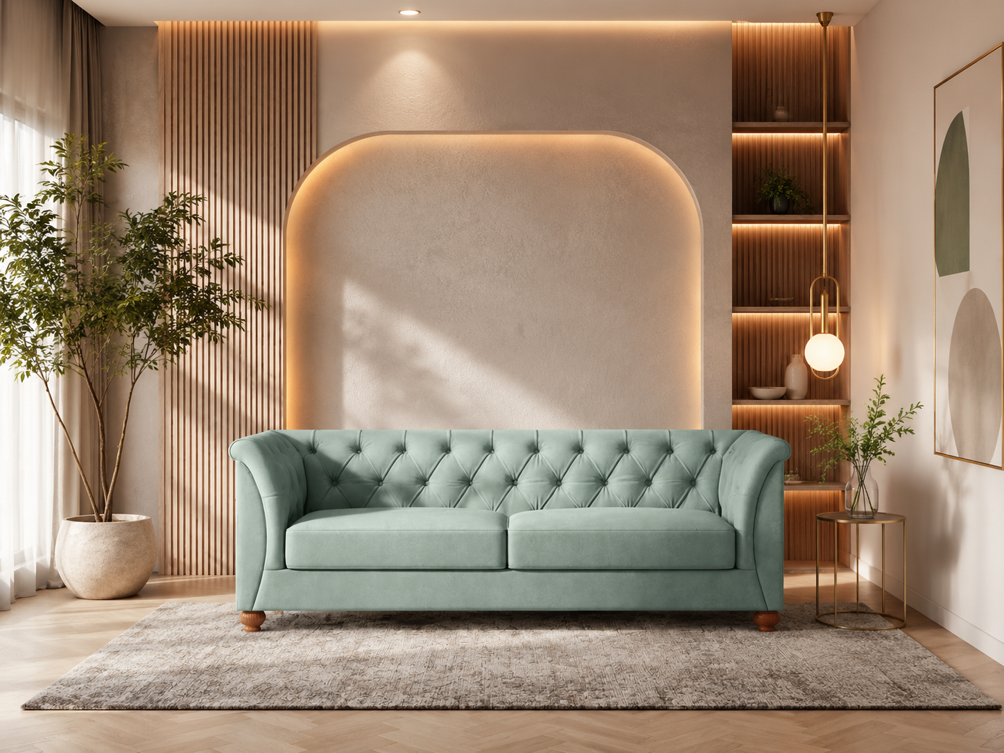 Mint Chesterfield 3 Seater Fabric Sofa – Mint Green - Living View 1 by Febonic Living