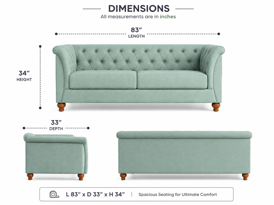Mint Chesterfield 3 Seater Fabric Sofa – Mint Green - Dimensions by Febonic Living